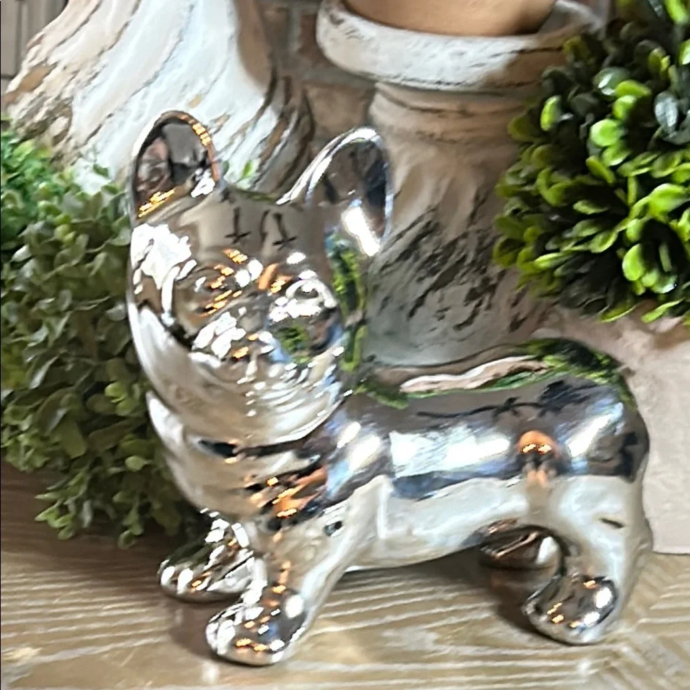 NEW! Shabby Chic Metallic Silver Ceramic French Bulldog Corgi Dog Figurine - Picture 2 of 5